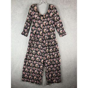 Vintage Floral Jumpsuit Womens 9/10 Black Stretchy Long Sleeve Flare Leg Jumper
